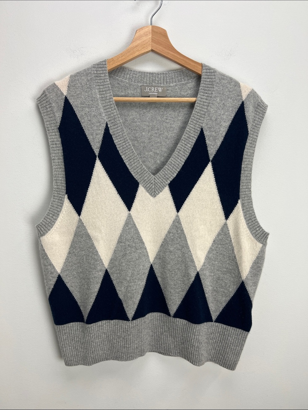 J. Crew Cashmere Argyle V Neck Sweater Vest Womens Medium Old Money Preppy
